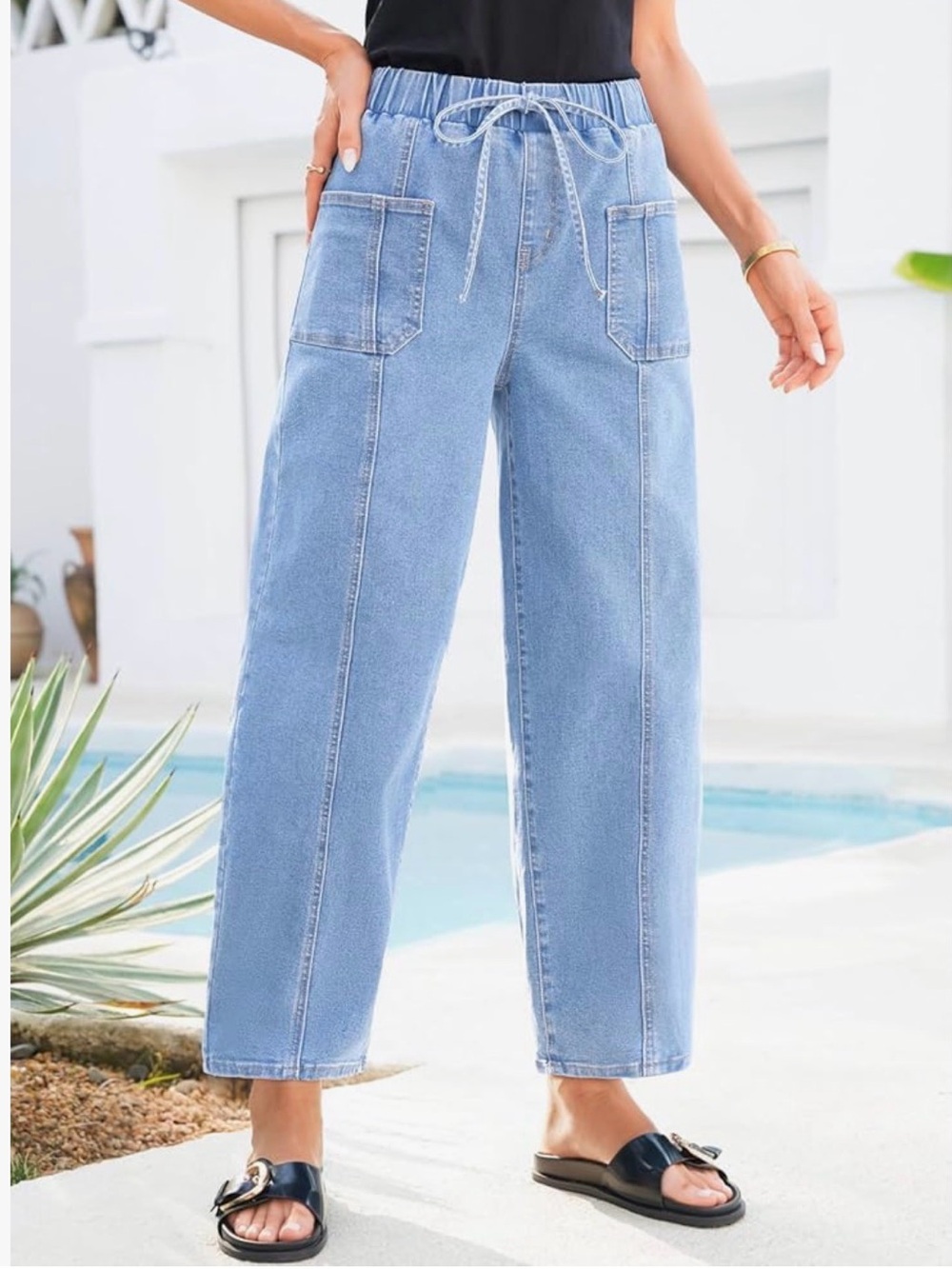 Light Blue Drawstring High-Rise Wide Leg Jeans